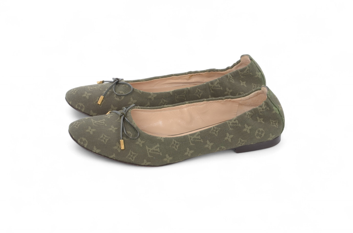 Louis Vuitton Monogram Mini Flat Shoes Ballet Flats Green Khaki Canvas Leather Ballerina Size 37