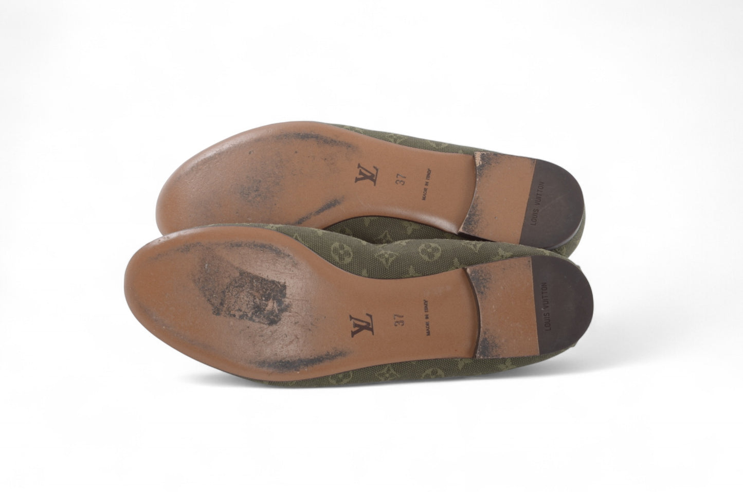 Louis Vuitton Monogram Mini Flat Shoes Ballet Flats Green Khaki Canvas Leather Ballerina Size 37