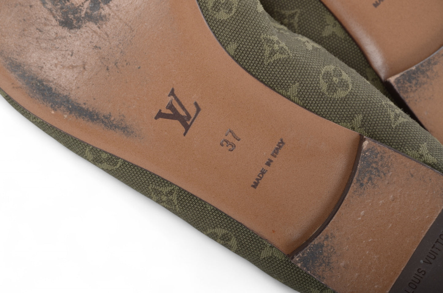 Louis Vuitton Monogram Mini Flat Shoes Ballet Flats Green Khaki Canvas Leather Ballerina Size 37