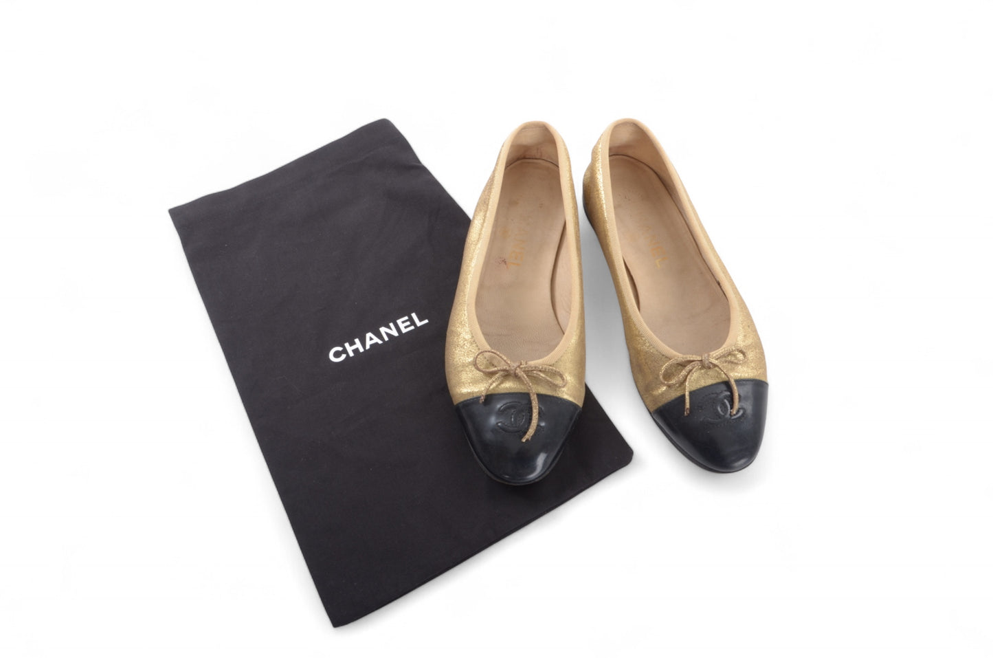 Chanel Ballet Flats Shoes Leather CC Logo Gold Black Metallic Glitter Vintage Size 37