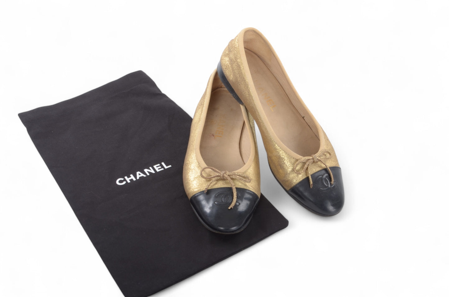 Chanel Ballet Flats Shoes Leather CC Logo Gold Black Metallic Glitter Vintage Size 37