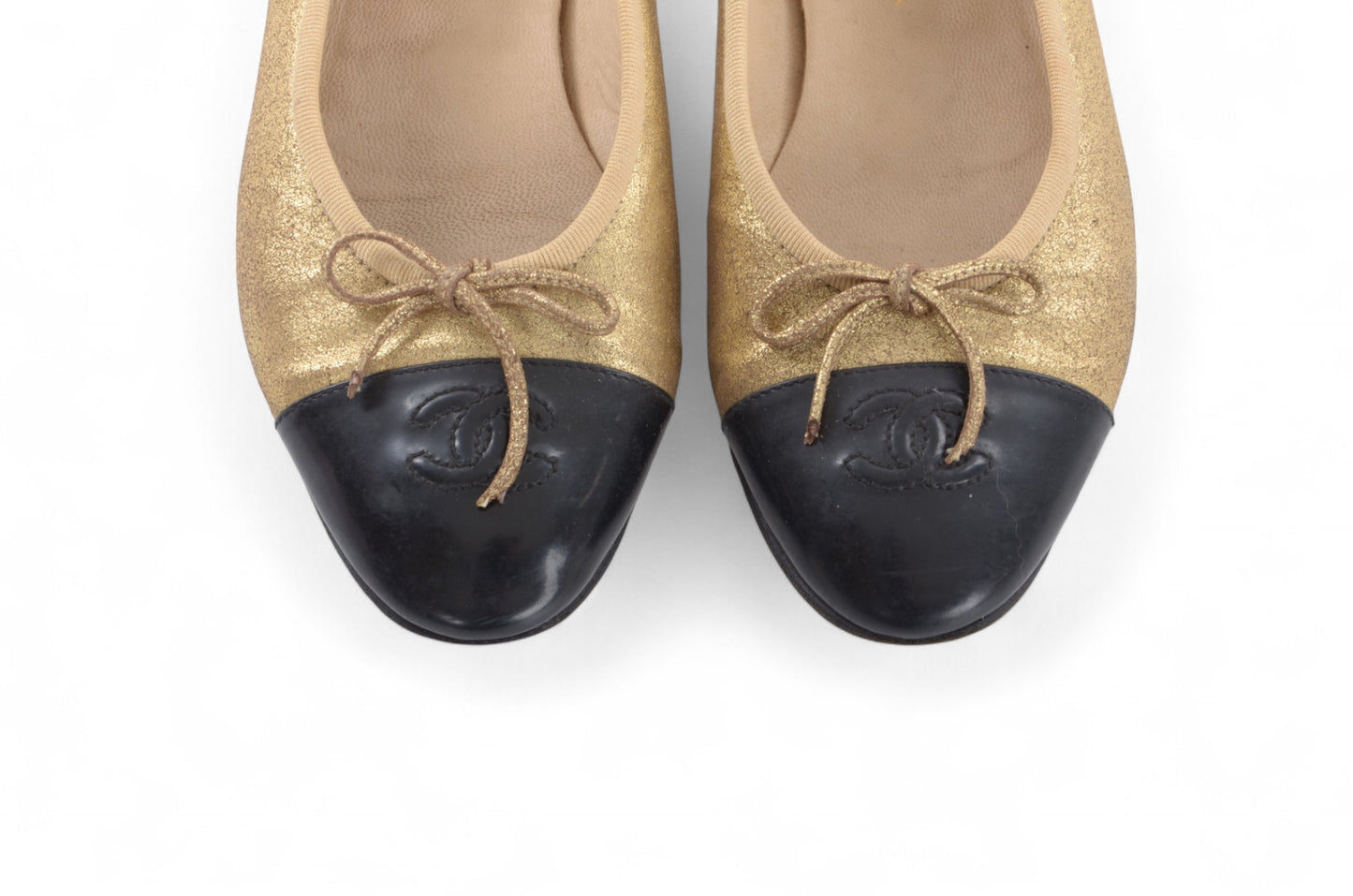 Chanel Ballet Flats Shoes Leather CC Logo Gold Black Metallic Glitter Vintage Size 37