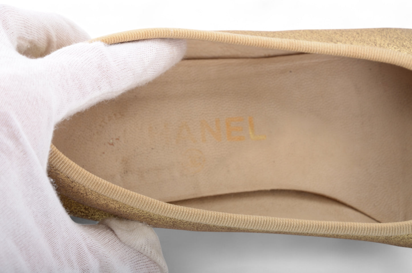Chanel Ballet Flats Shoes Leather CC Logo Gold Black Metallic Glitter Vintage Size 37