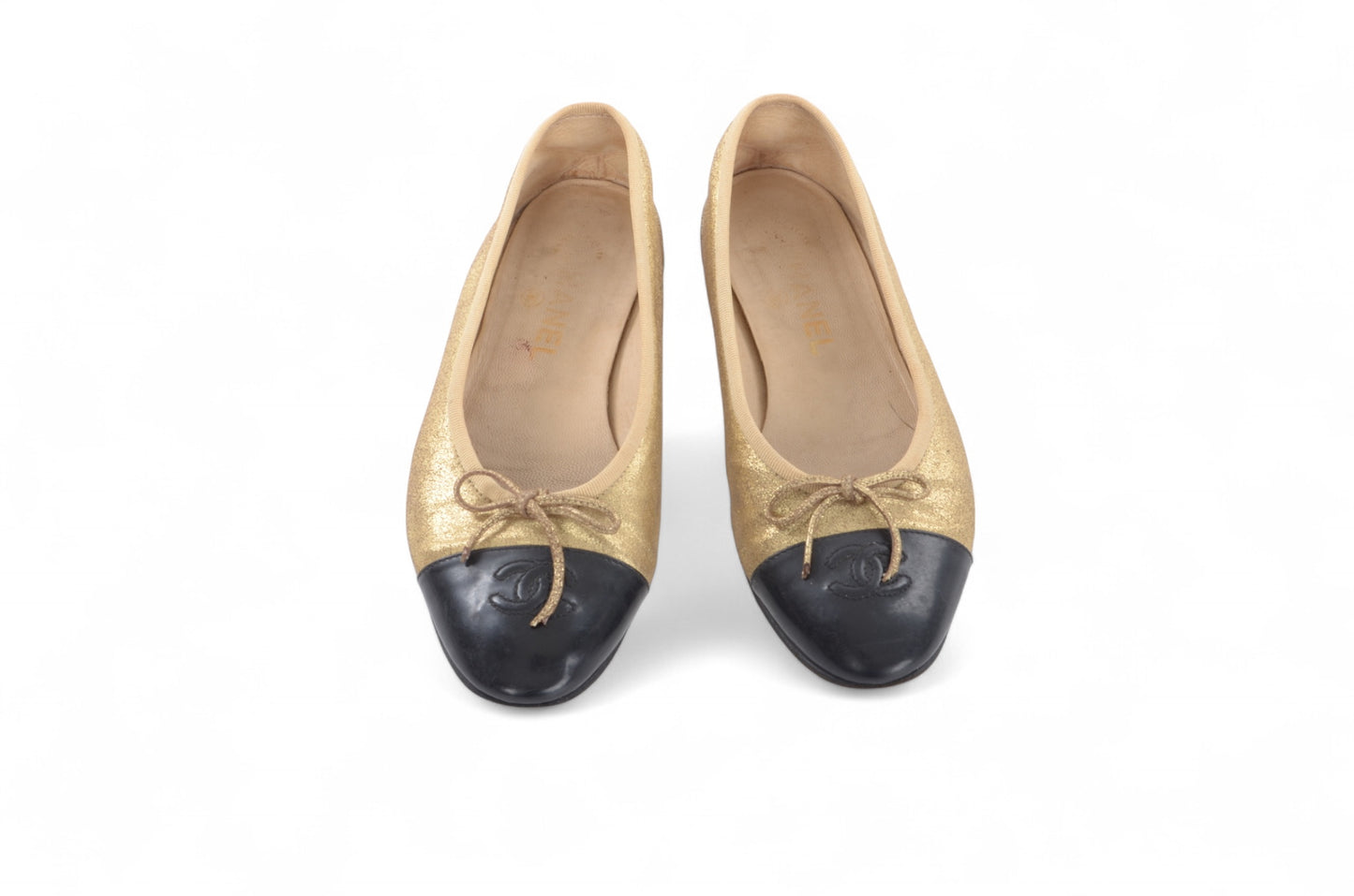 Chanel Ballet Flats Shoes Leather CC Logo Gold Black Metallic Glitter Vintage Size 37