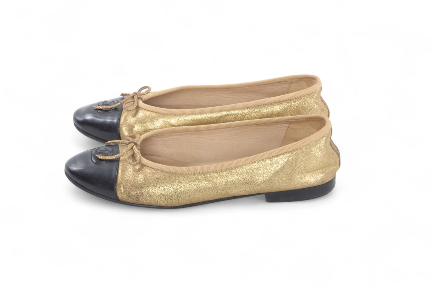Chanel Ballet Flats Shoes Leather CC Logo Gold Black Metallic Glitter Vintage Size 37