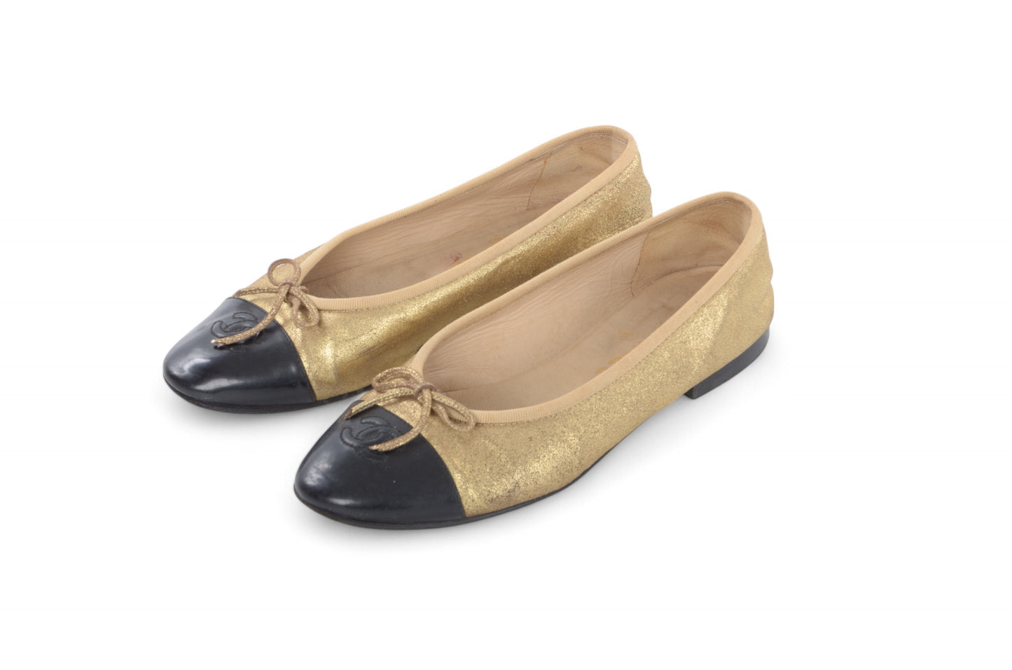 Chanel Ballet Flats Shoes Leather CC Logo Gold Black Metallic Glitter Vintage Size 37