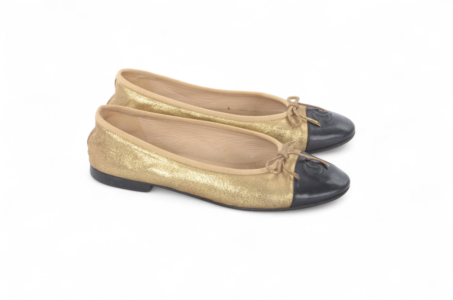 Chanel Ballet Flats Shoes Leather CC Logo Gold Black Metallic Glitter Vintage Size 37
