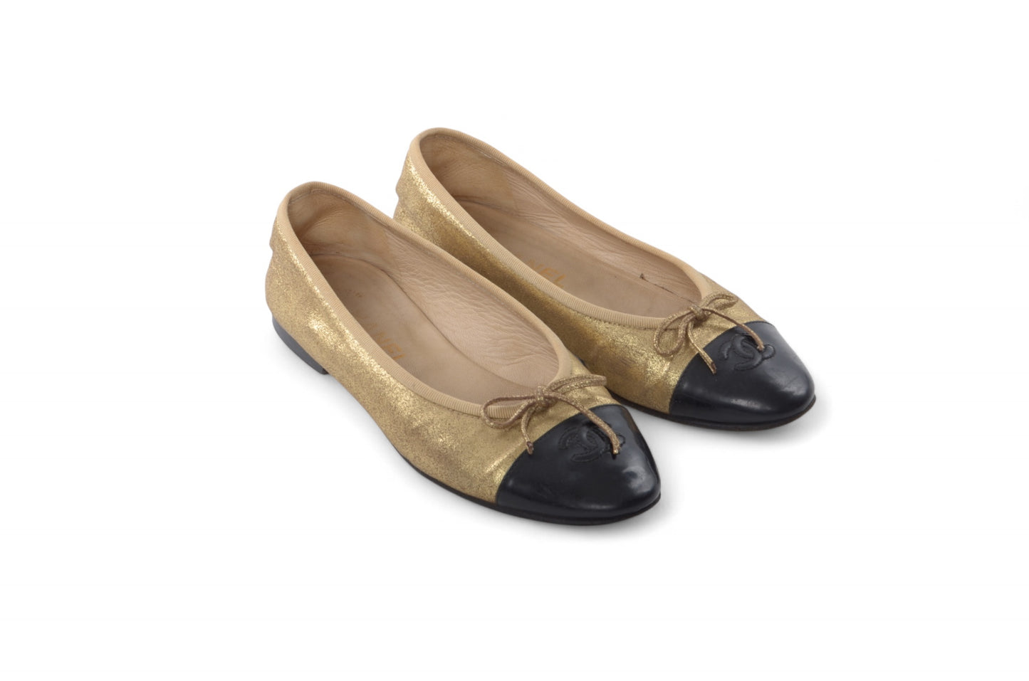Chanel Ballet Flats Shoes Leather CC Logo Gold Black Metallic Glitter Vintage Size 37