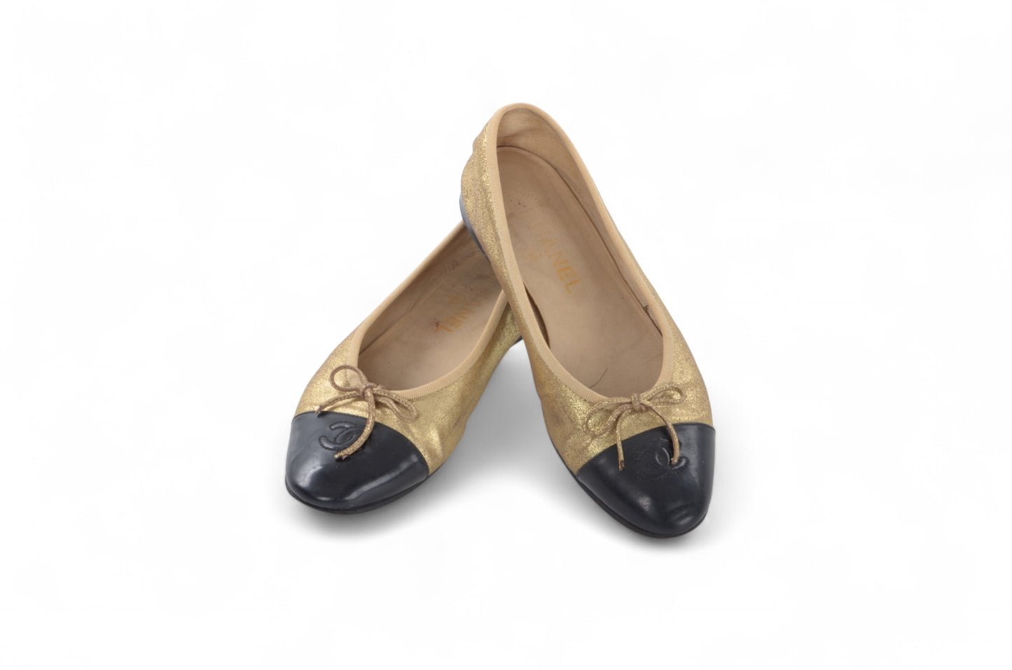 Chanel Ballet Flats Shoes Leather CC Logo Gold Black Metallic Glitter Vintage Size 37