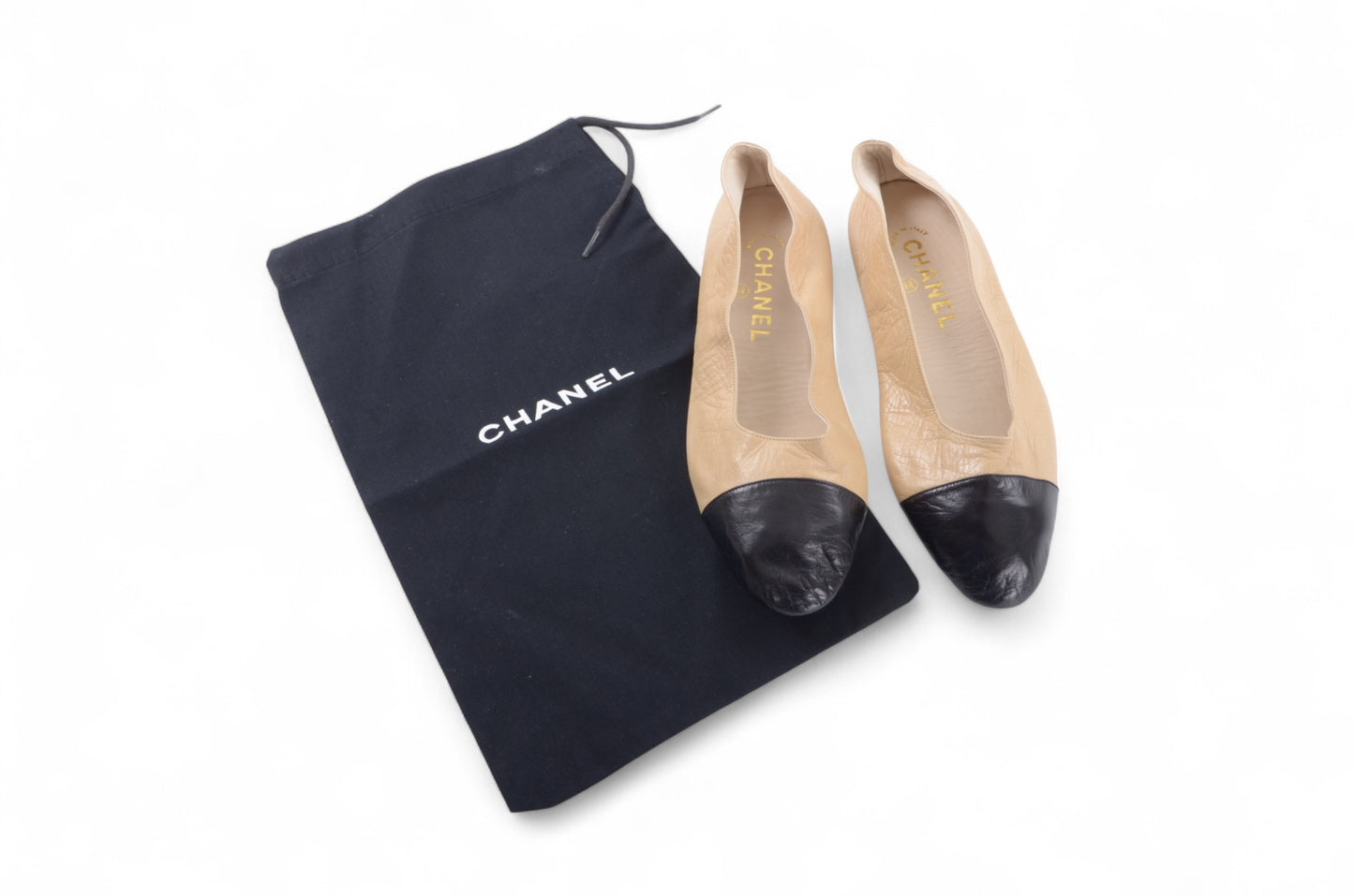Chanel Ballet Flats Shoes Ballerina Ballet Flat Beige Black Leather Travel Foldable Size 36