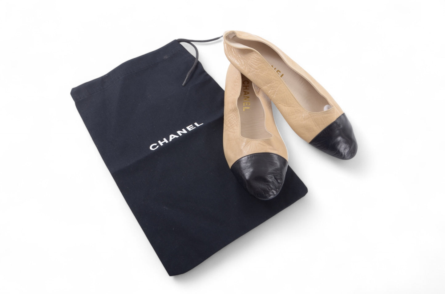 Chanel Ballet Flats Shoes Ballerina Ballet Flat Beige Black Leather Travel Foldable Size 36