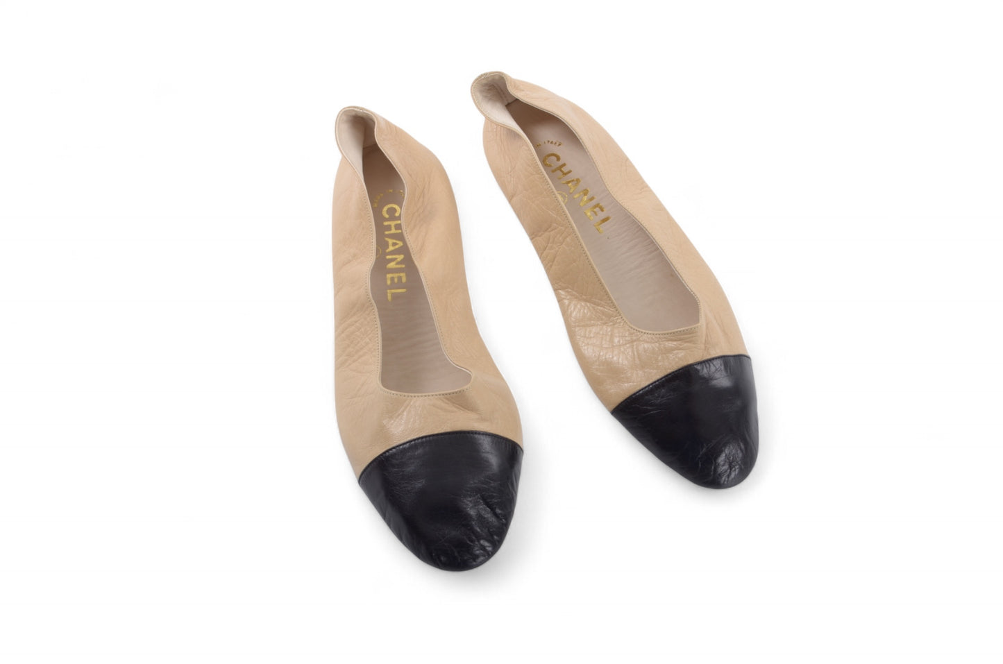 Chanel Ballet Flats Shoes Ballerina Ballet Flat Beige Black Leather Travel Foldable Size 36