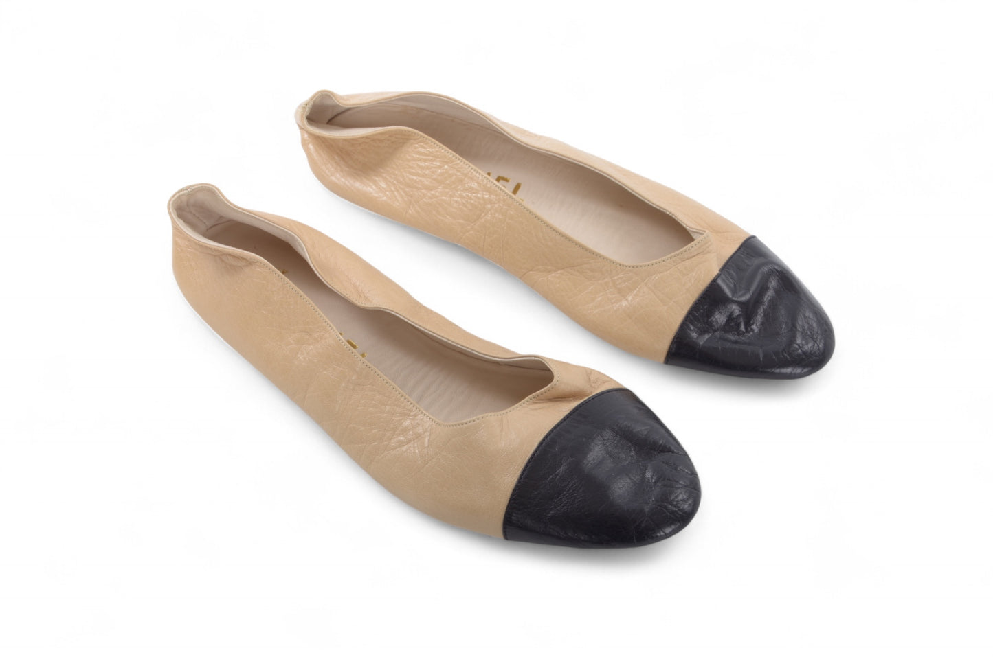 Chanel Ballet Flats Shoes Ballerina Ballet Flat Beige Black Leather Travel Foldable Size 36
