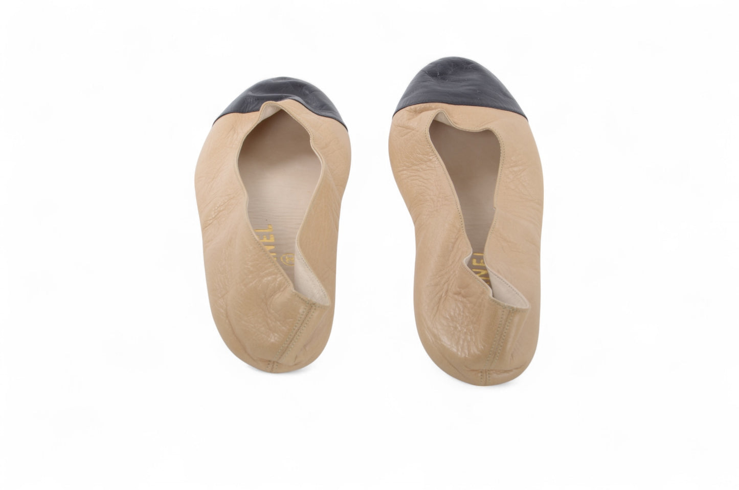 Chanel Ballet Flats Shoes Ballerina Ballet Flat Beige Black Leather Travel Foldable Size 36