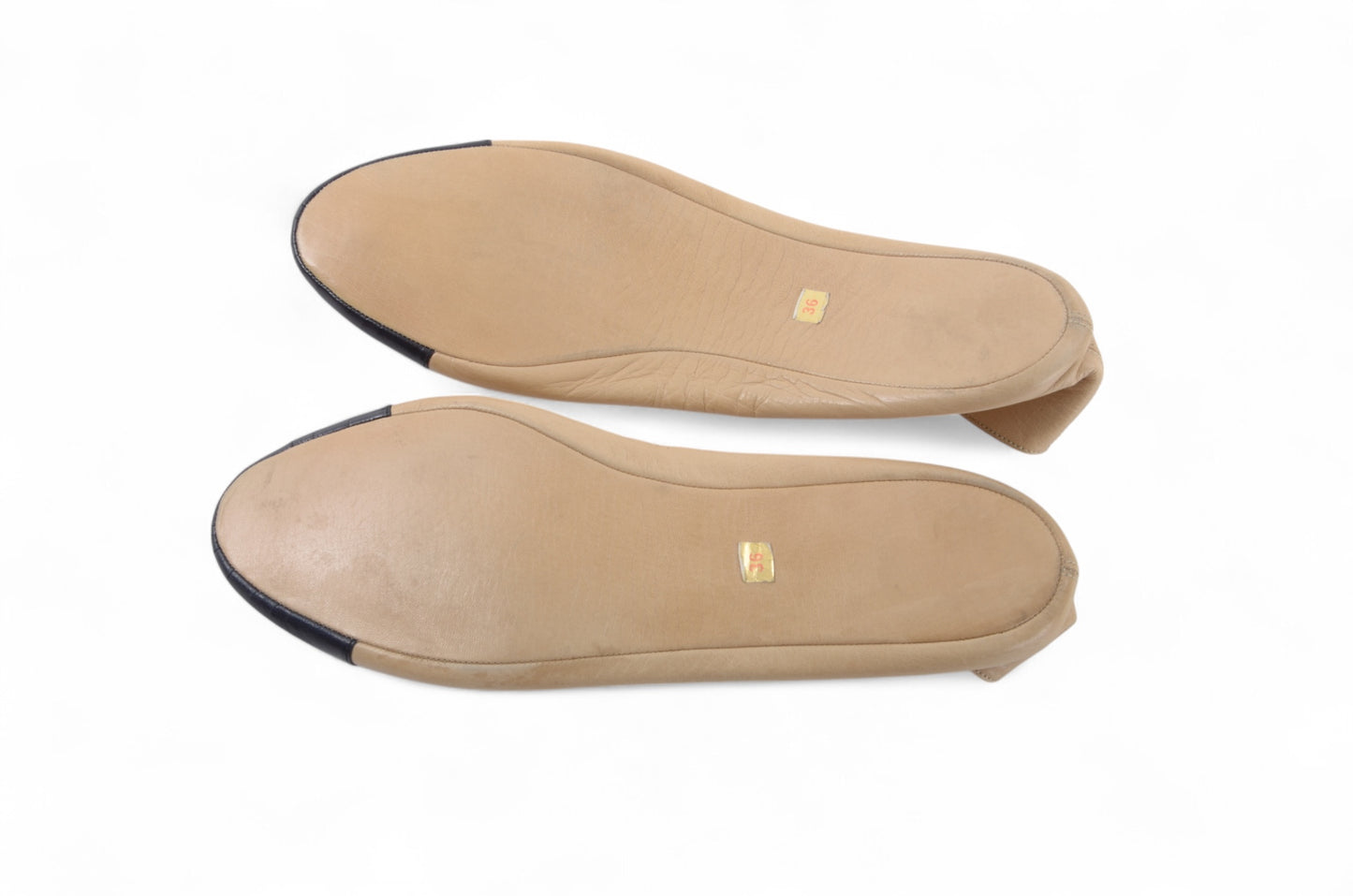 Chanel Ballet Flats Shoes Ballerina Ballet Flat Beige Black Leather Travel Foldable Size 36