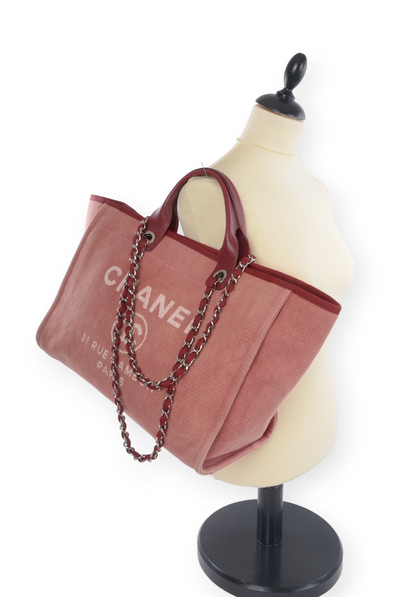 Chanel Deauville Chain Line Tote MM Pink Red Shoulder Bag Handbag CC Leather Designer Classic