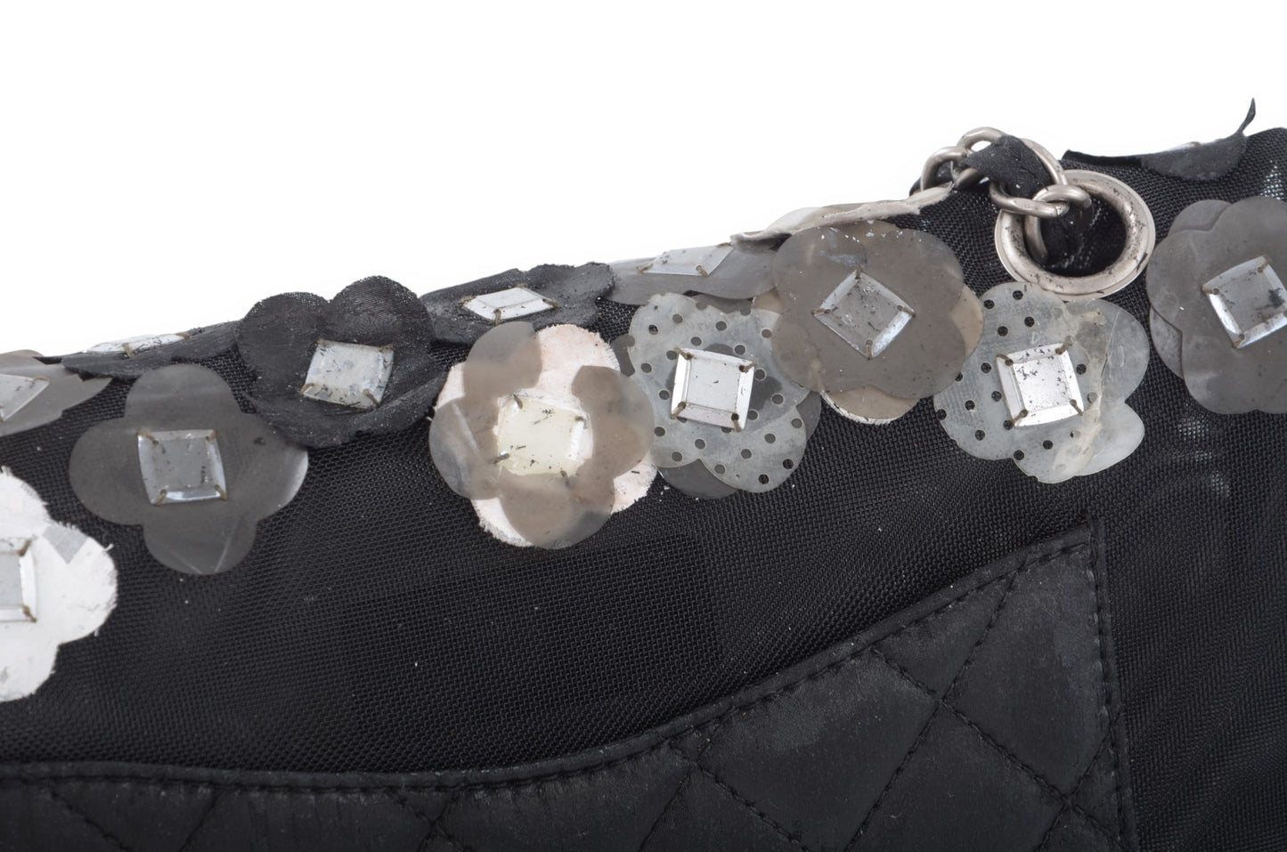 Chanel Mesh Paillette Flap Bag Sequined Floral Camellia Flowers Matelasse Black Vintage Turn Lock Chain Shoulder Bag Crossbody Rare Limited Edition