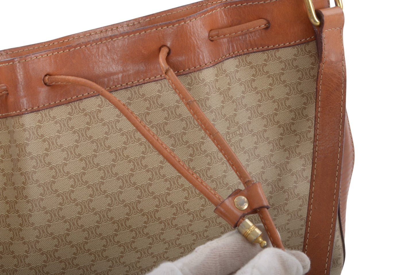Celine Vintage Triomphe Shoulder Drawstring Bag Tote Handbag Monogram Brown Beige Designer Classic