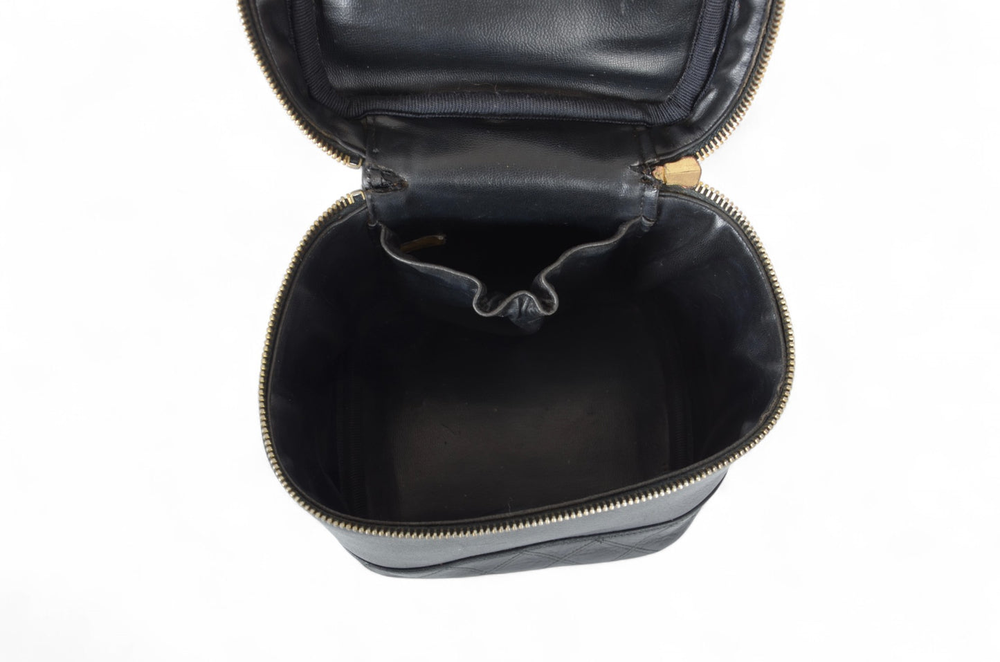 Chanel Quilted Vanity Bag CC Logo Vintage Lambskin Leather Black Make Up Pouch