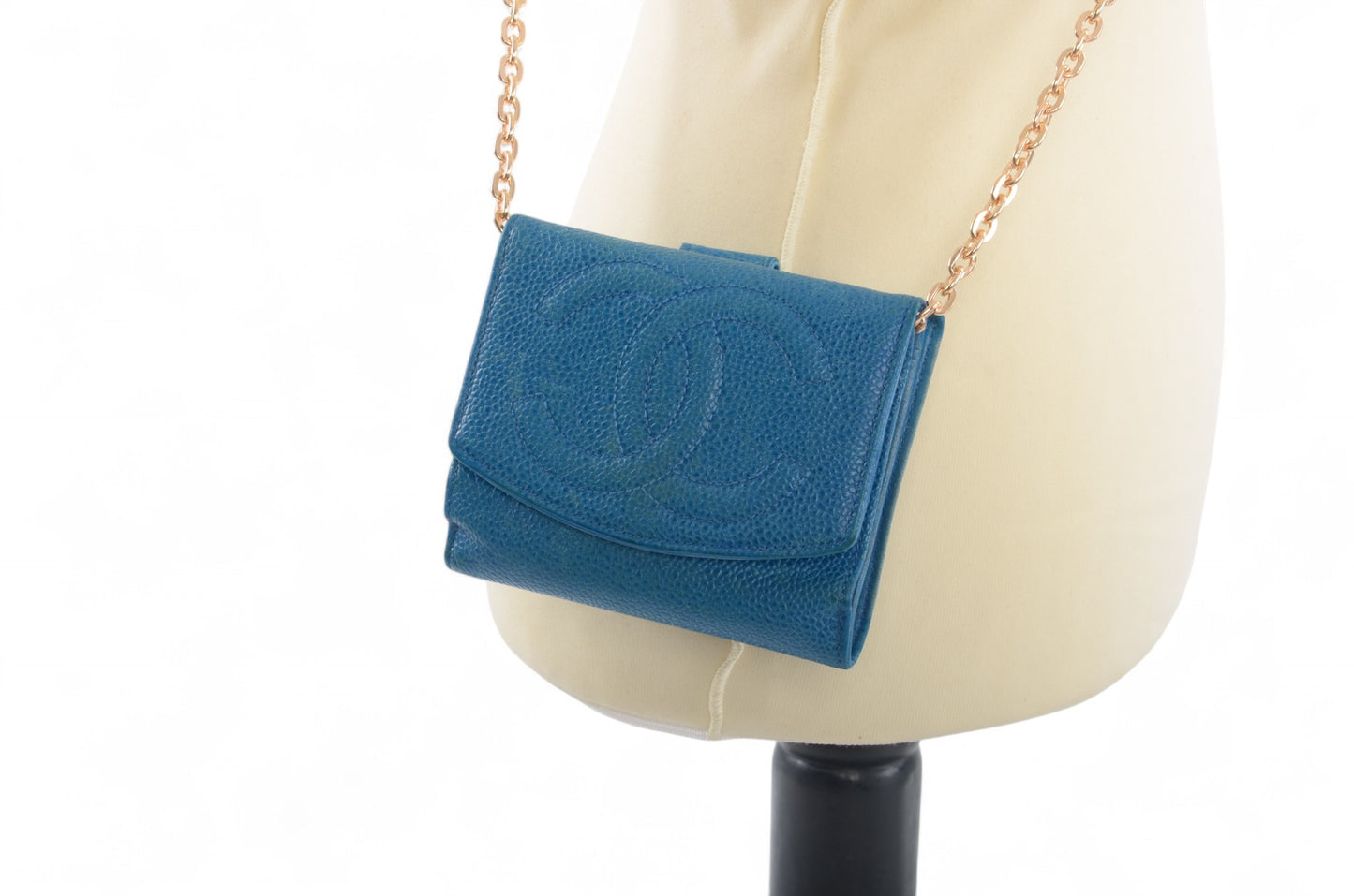 Chanel Blue Caviar Leather Wallet Coco Bi-fold Coin Purse Women's Vintage