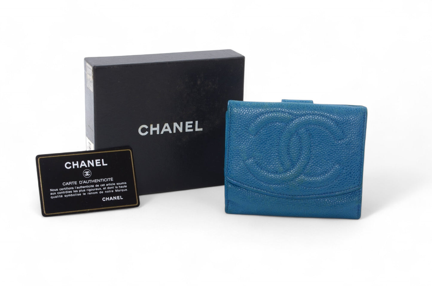 Chanel Blue Caviar Leather Wallet Coco Bi-fold Coin Purse Women's Vintage