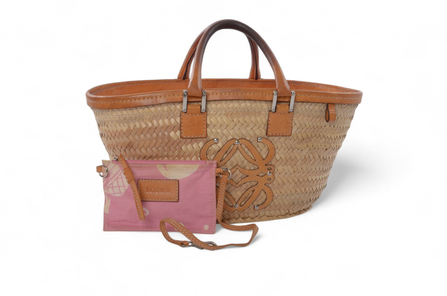 Loewe Raffia Anagram Leather Strawbag Bag Basket Handbag Brown Vintage Straw Beige