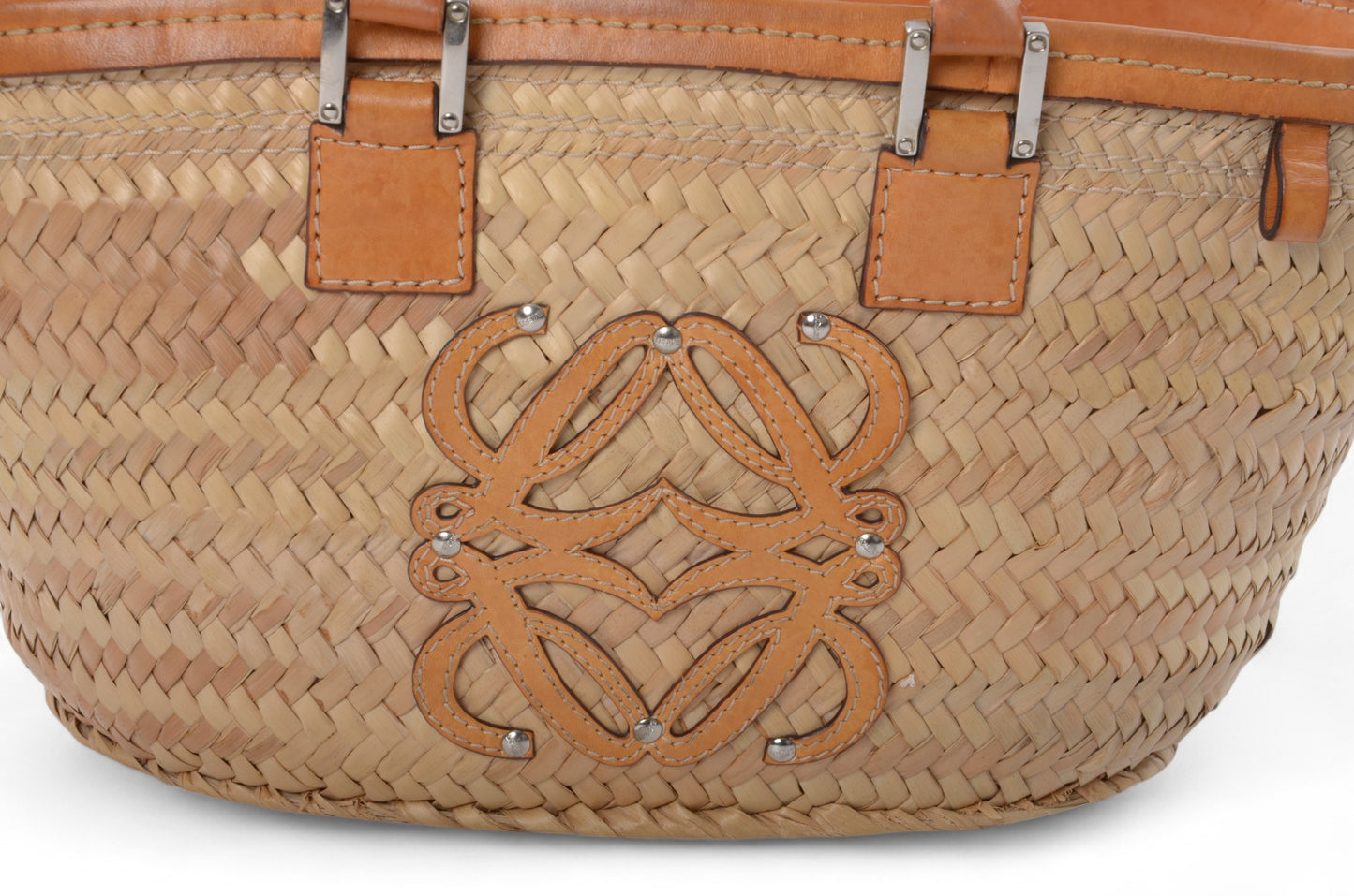 Loewe Raffia Anagram Leather Strawbag Bag Basket Handbag Brown Vintage Straw Beige
