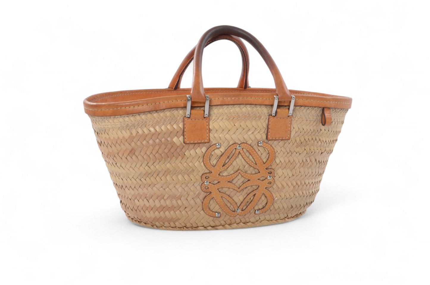 Loewe Raffia Anagram Leather Strawbag Bag Basket Handbag Brown Vintage Straw Beige