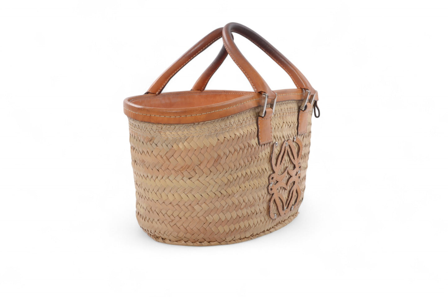 Loewe Raffia Anagram Leather Strawbag Bag Basket Handbag Brown Vintage Straw Beige