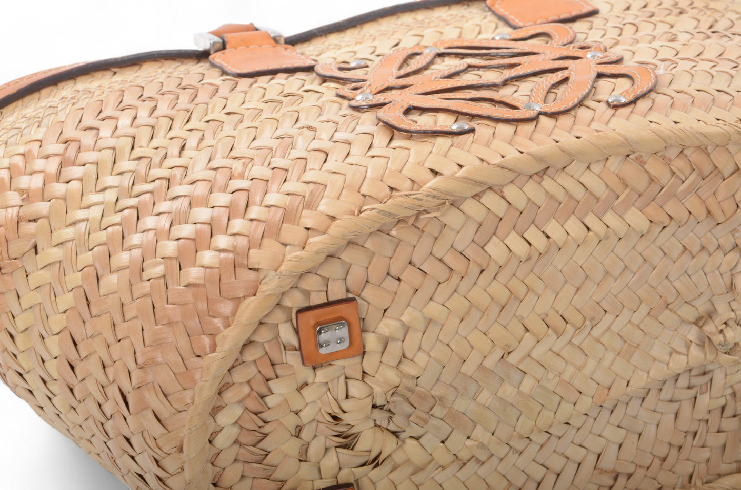 Loewe Raffia Anagram Leather Strawbag Bag Basket Handbag Brown Vintage Straw Beige