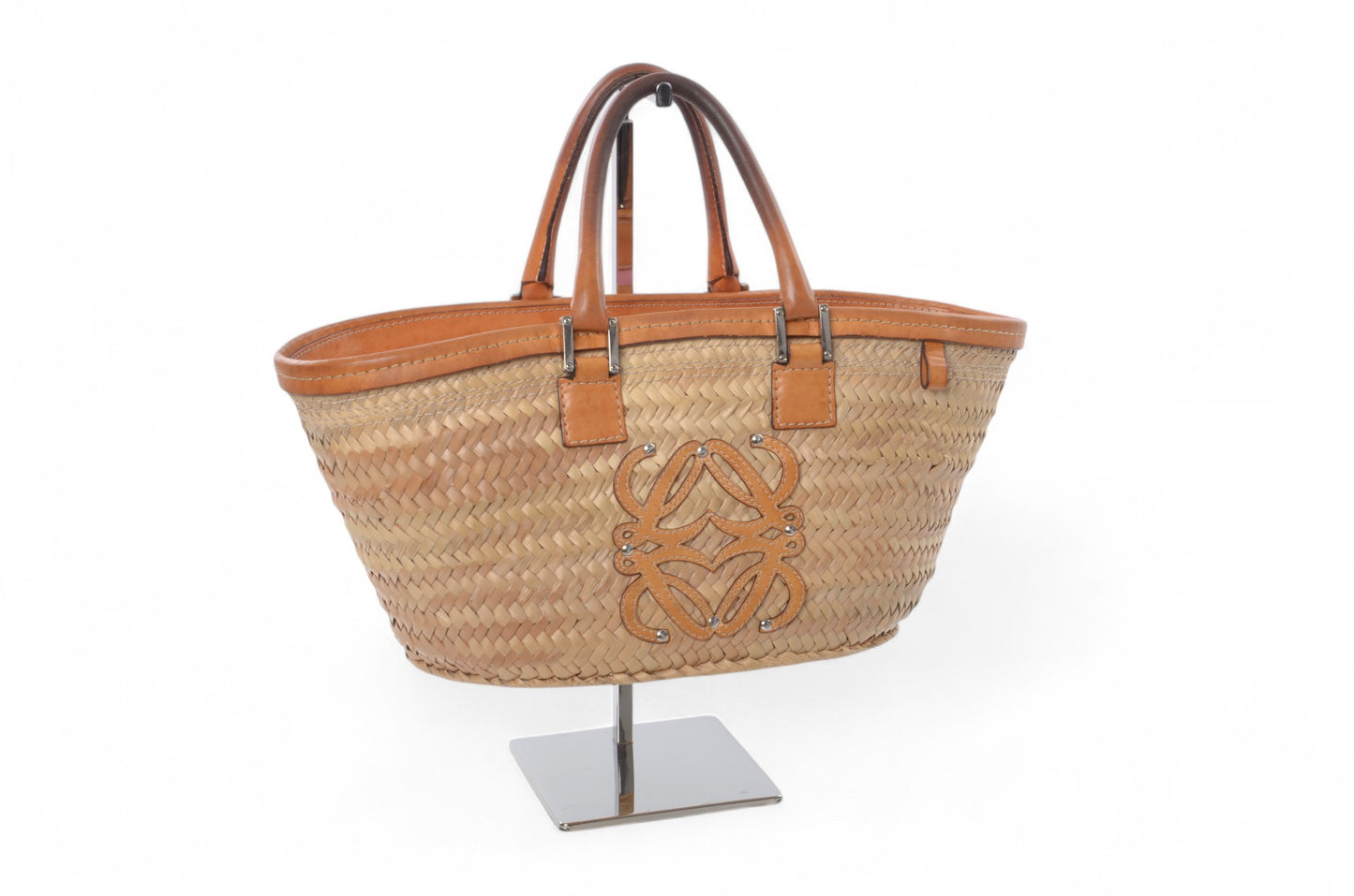 Loewe Raffia Anagram Leather Strawbag Bag Basket Handbag Brown Vintage Straw Beige