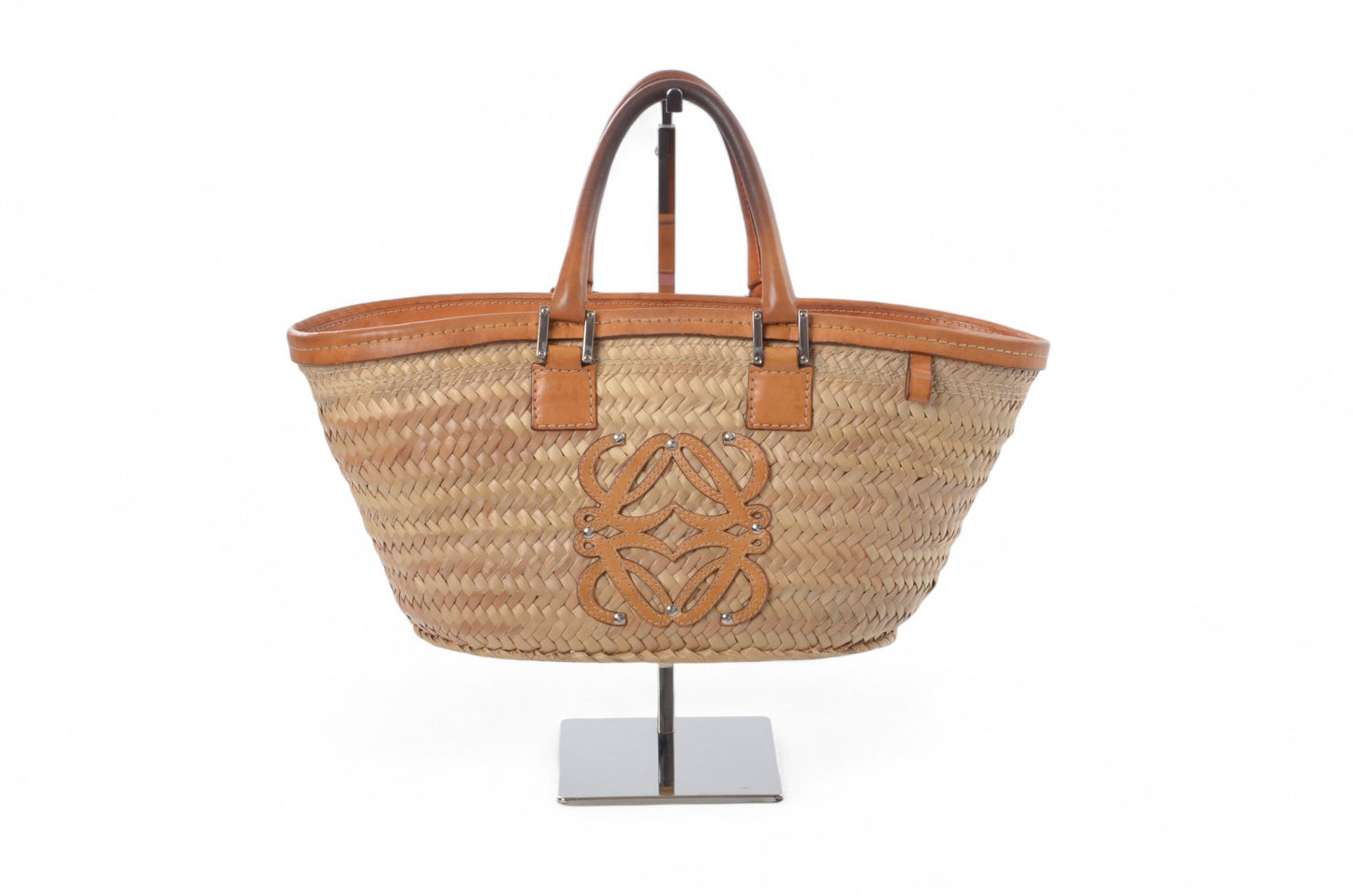 Loewe Raffia Anagram Leather Strawbag Bag Basket Handbag Brown Vintage Straw Beige