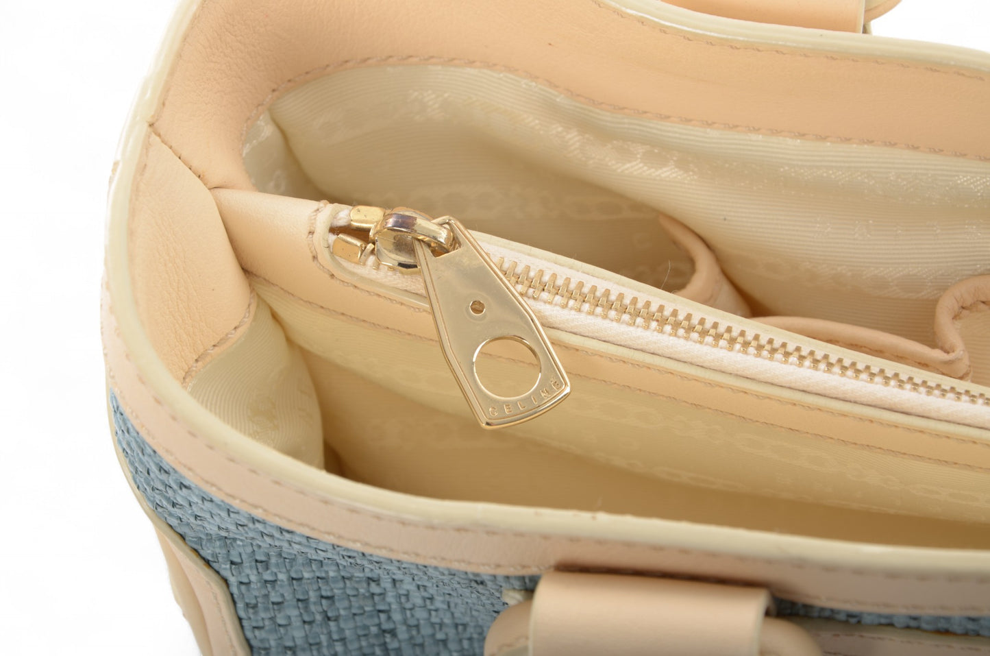Celine Boogie Blue Woven Raffia Leather Handbag Bag Vintage Top Handle Calf Leather Straw Cream