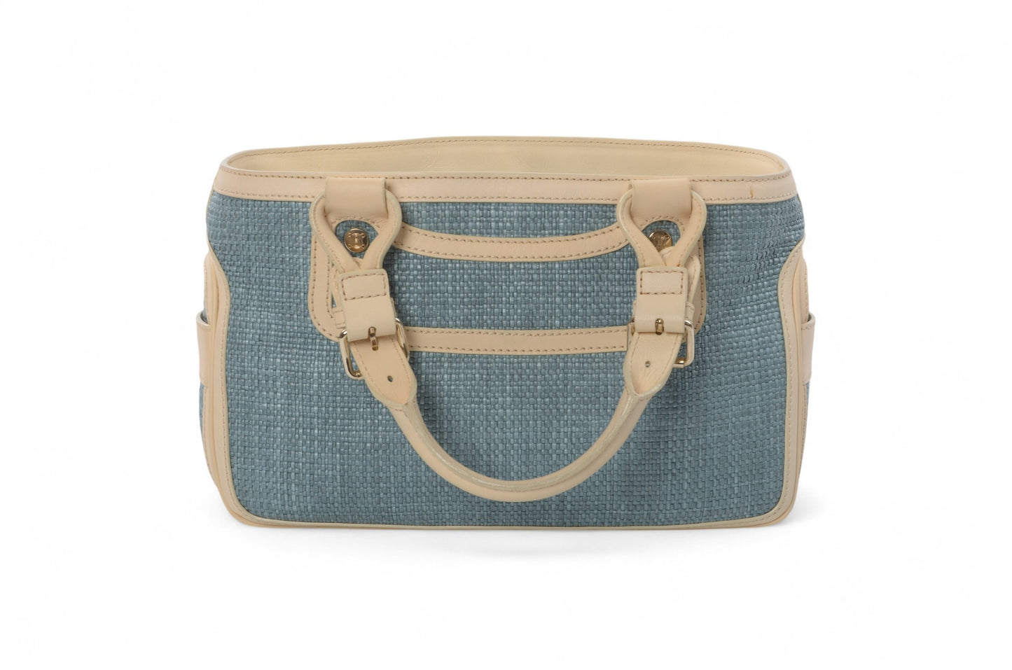 Celine Boogie Blue Woven Raffia Leather Handbag Bag Vintage Top Handle Calf Leather Straw Cream