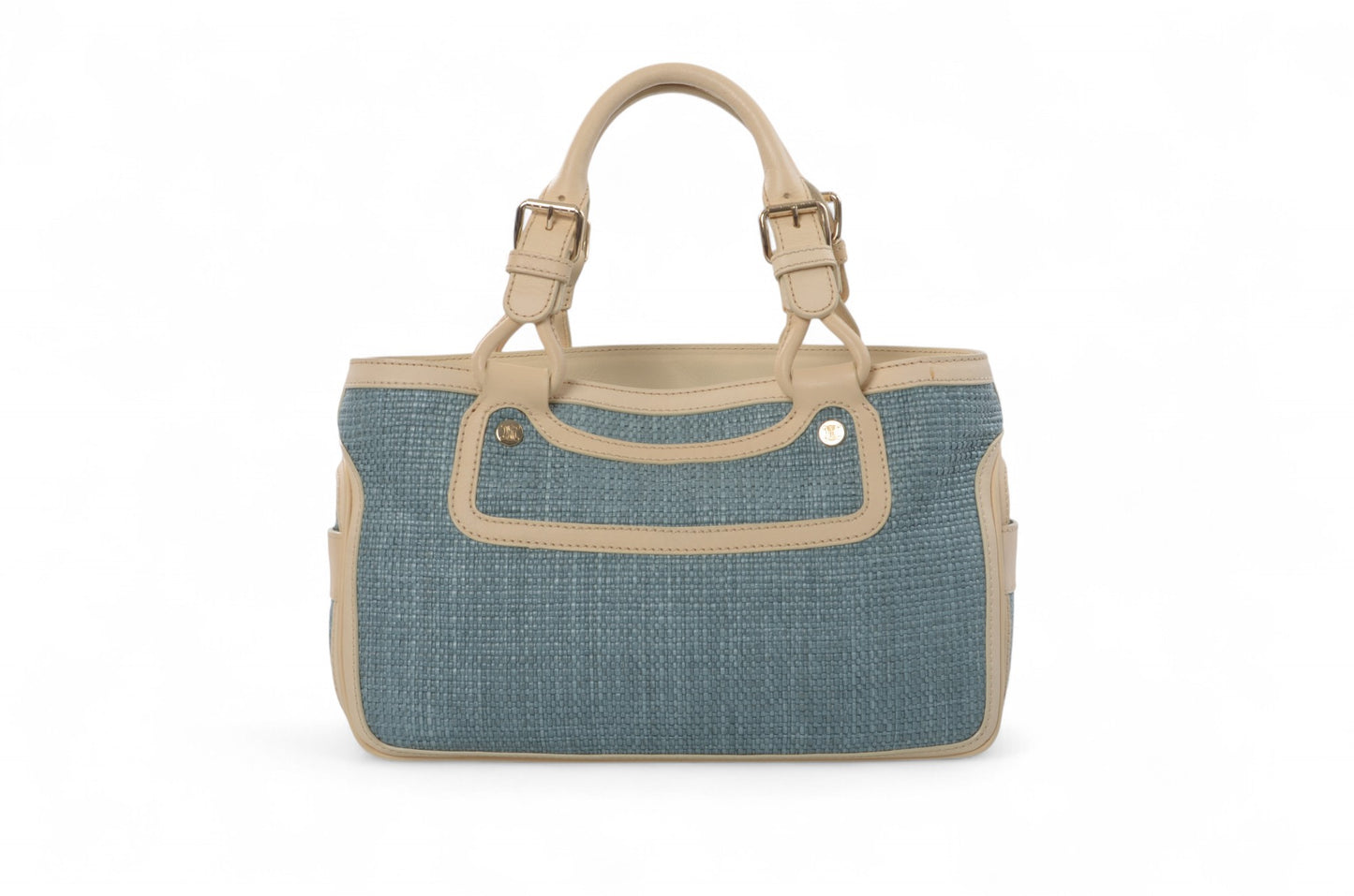 Celine Boogie Blue Woven Raffia Leather Handbag Bag Vintage Top Handle Calf Leather Straw Cream