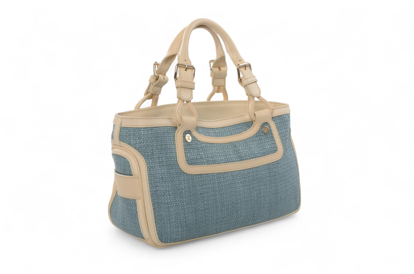 Celine Boogie Blue Woven Raffia Leather Handbag Bag Vintage Top Handle Calf Leather Straw Cream
