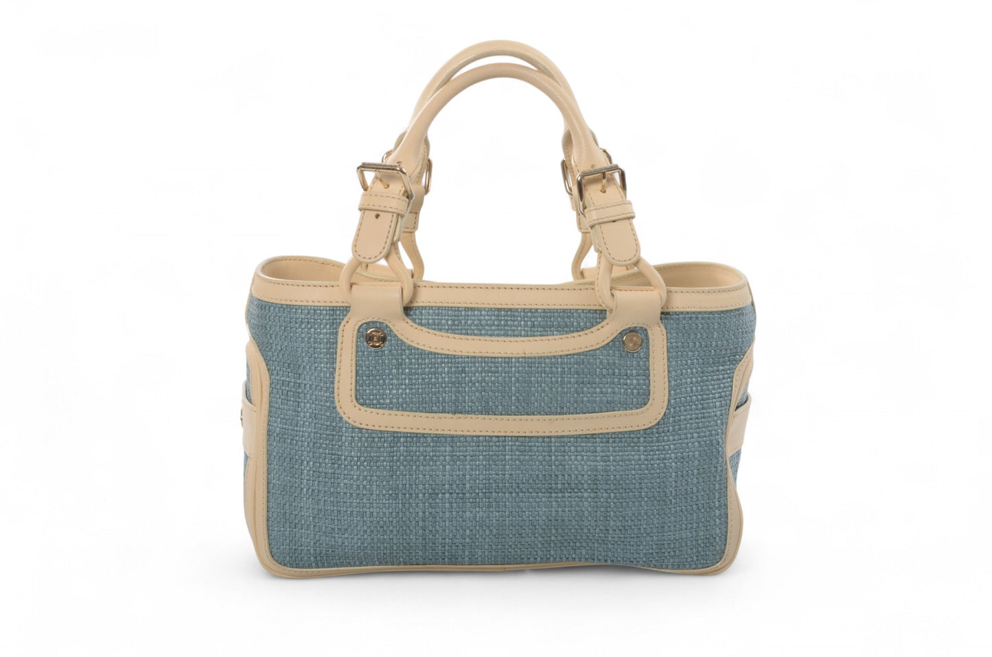 Celine Boogie Blue Woven Raffia Leather Handbag Bag Vintage Top Handle Calf Leather Straw Cream