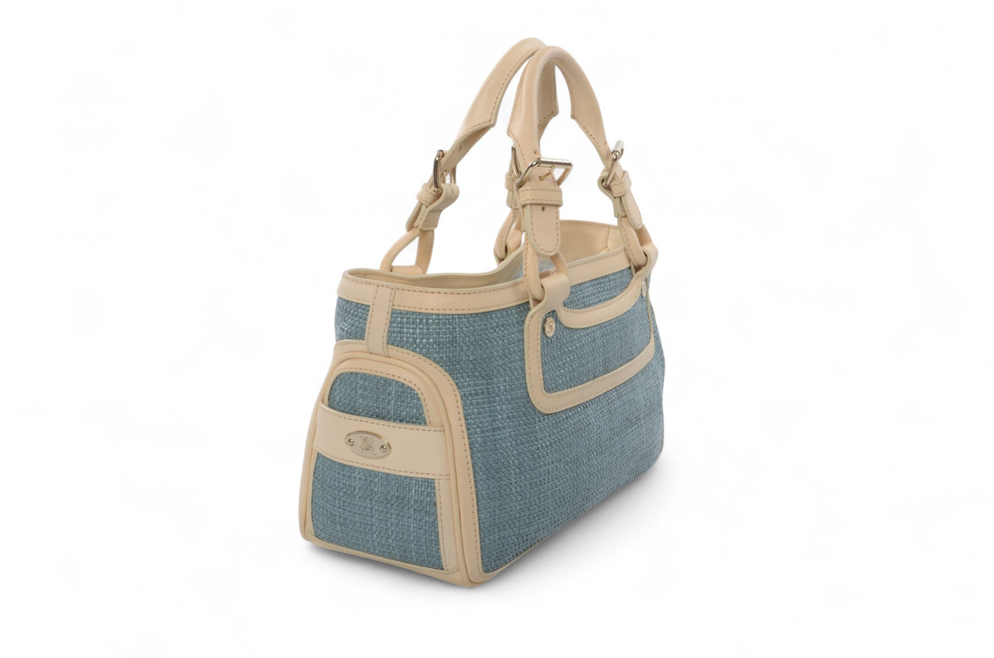Celine Boogie Blue Woven Raffia Leather Handbag Bag Vintage Top Handle Calf Leather Straw Cream