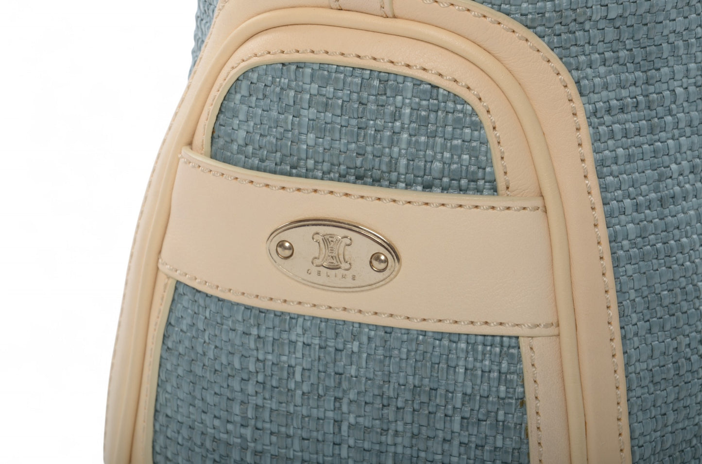 Celine Boogie Blue Woven Raffia Leather Handbag Bag Vintage Top Handle Calf Leather Straw Cream