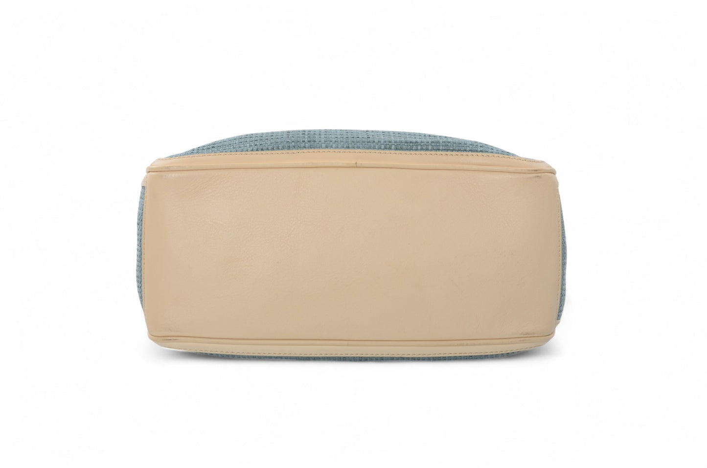 Celine Boogie Blue Woven Raffia Leather Handbag Bag Vintage Top Handle Calf Leather Straw Cream