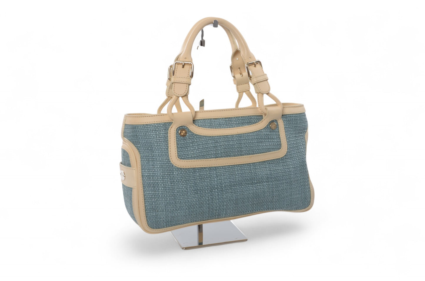 Celine Boogie Blue Woven Raffia Leather Handbag Bag Vintage Top Handle Calf Leather Straw Cream