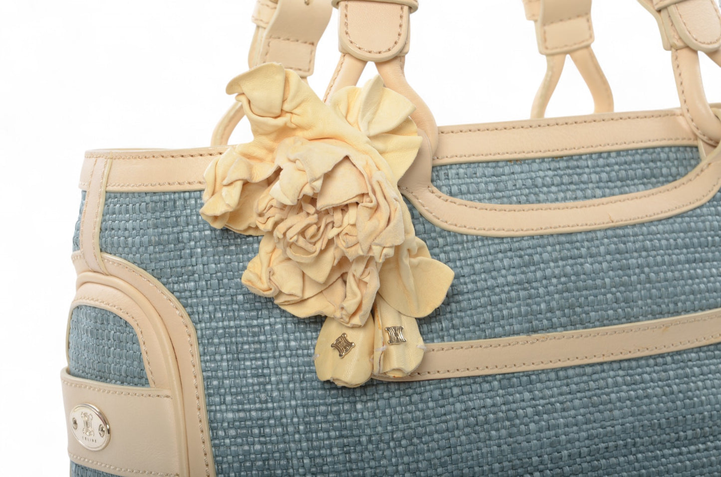 Celine Boogie Blue Woven Raffia Leather Handbag Bag Vintage Top Handle Calf Leather Straw Cream