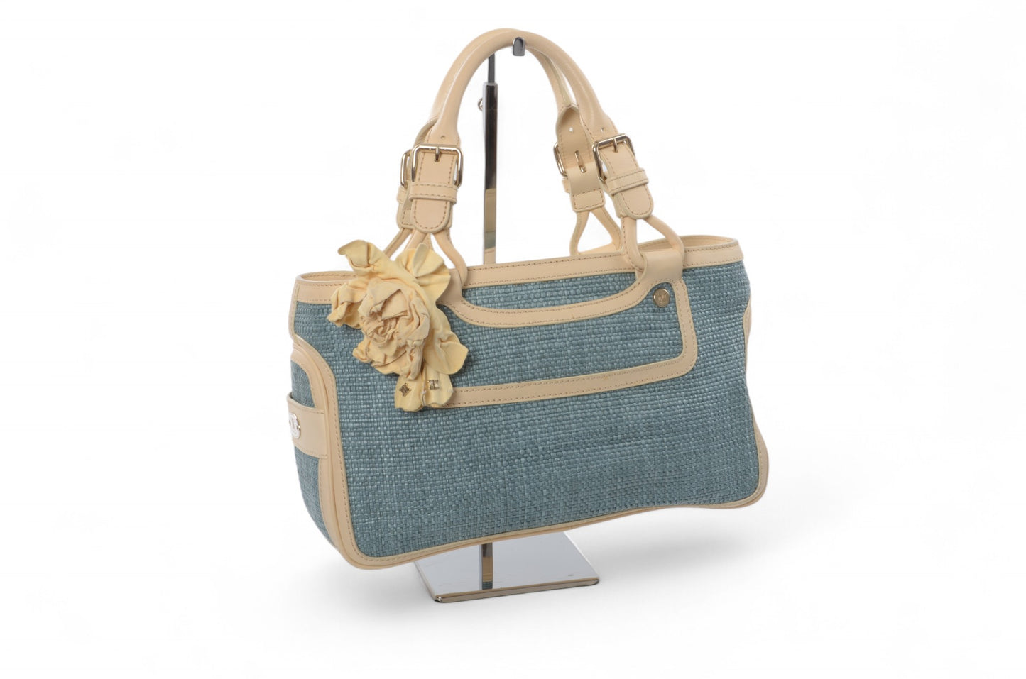 Celine Boogie Blue Woven Raffia Leather Handbag Bag Vintage Top Handle Calf Leather Straw Cream