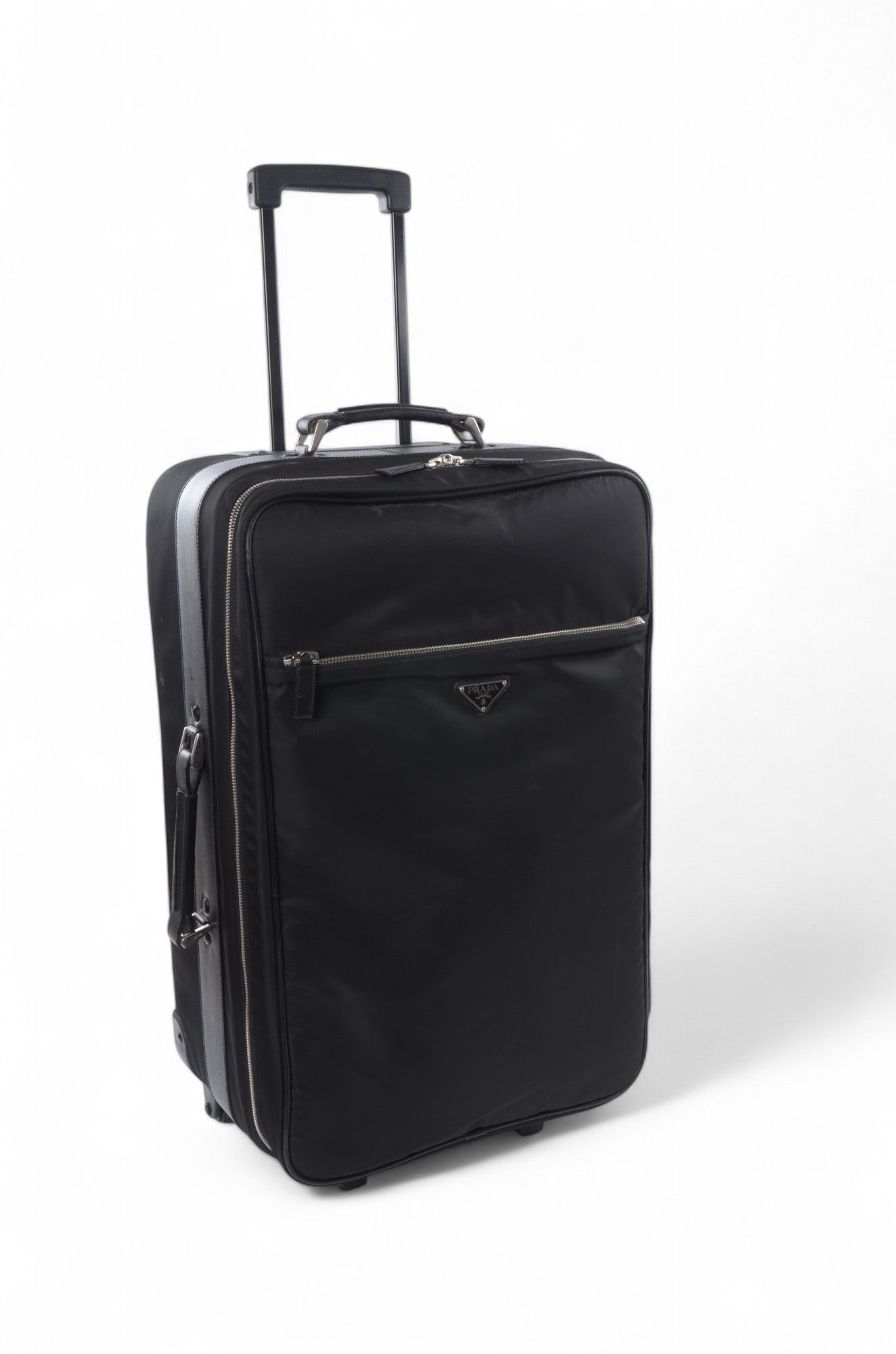 Prada Black Tessuto Nylon Leather Suitcase Rolling Travel Luggage Cabin Bag Trolley Vintage