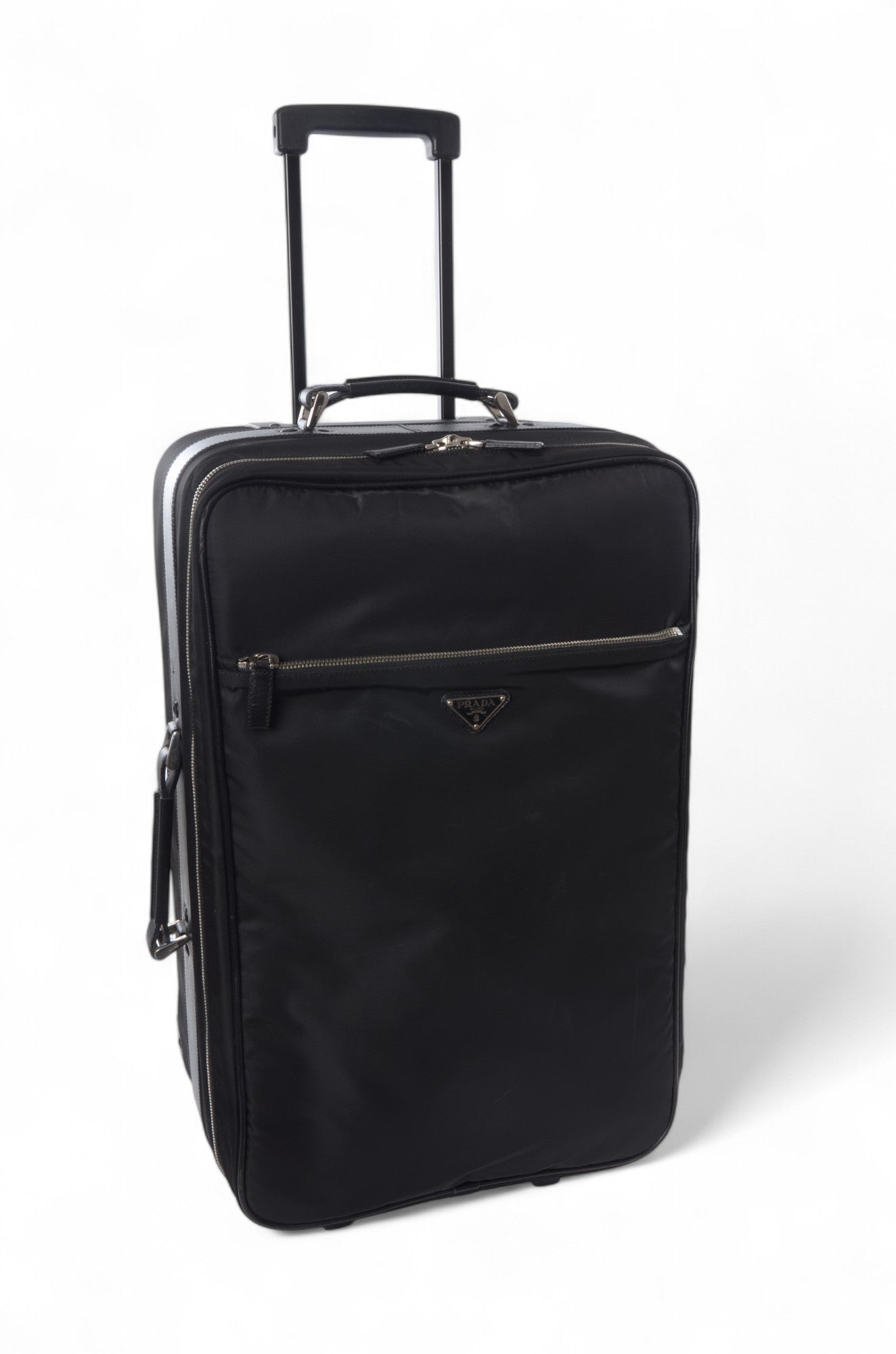 Prada Black Tessuto Nylon Leather Suitcase Rolling Travel Luggage Cabin Bag Trolley Vintage