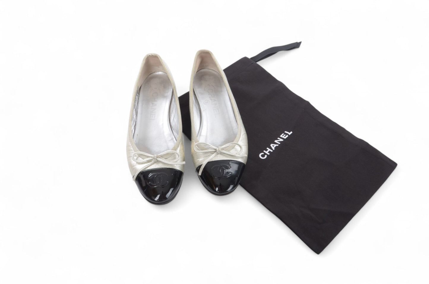 Chanel Ballet Flats Shoes Ballerina Ballet Flat Pumps Ribbon Leather Vintage Size 35C