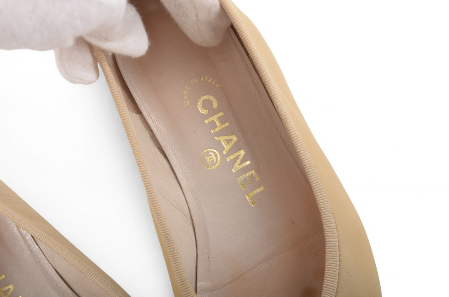 Chanel Ballet Flats Shoes Ballerina Ballet Flat Pumps Ribbon Leather Vintage Size 37 Beige Black