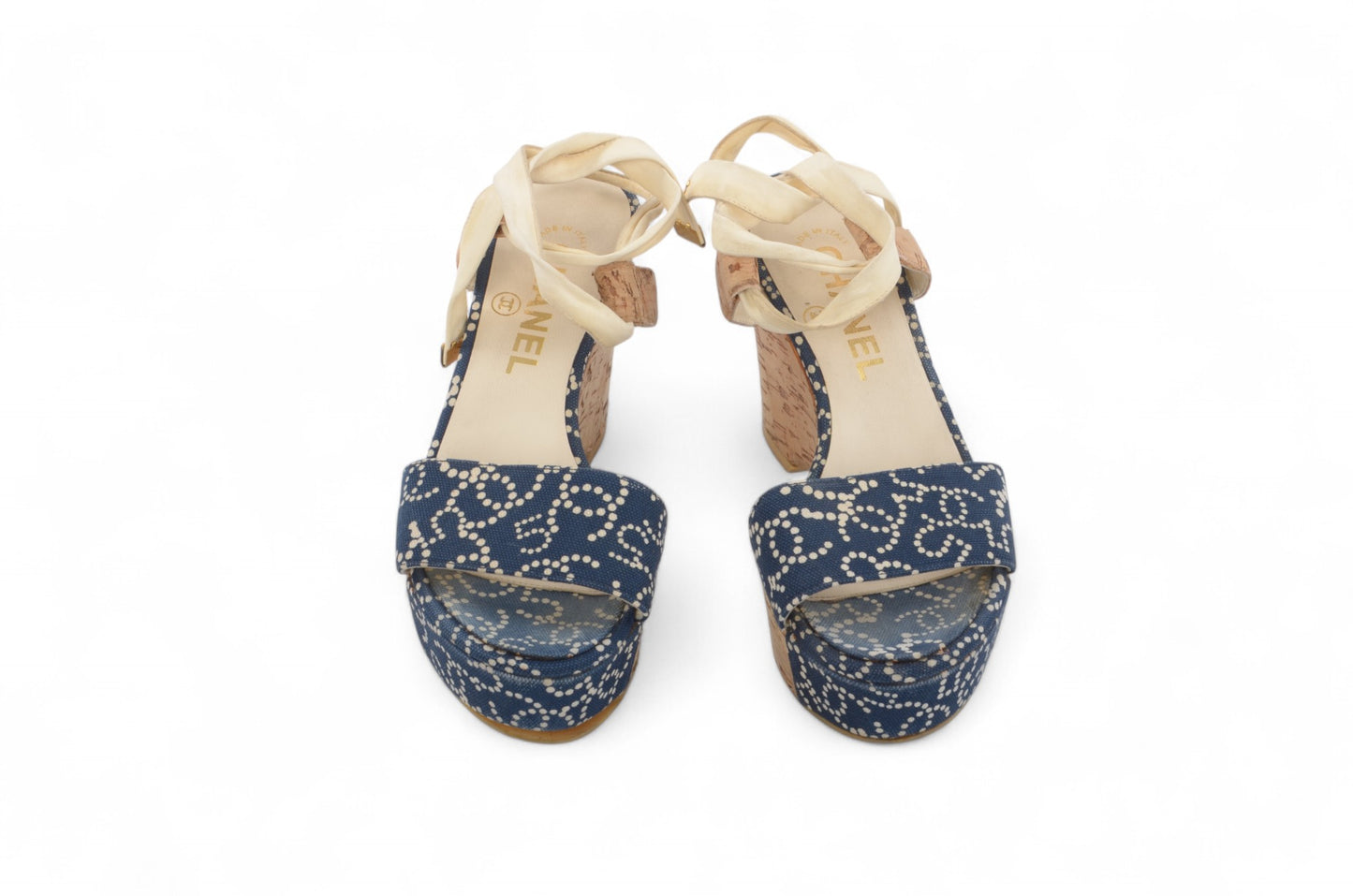 Chanel Rare Heels Sandals Coco Mark Wedge Denim Navy Blue Vintage CC Logo Mules Size 36