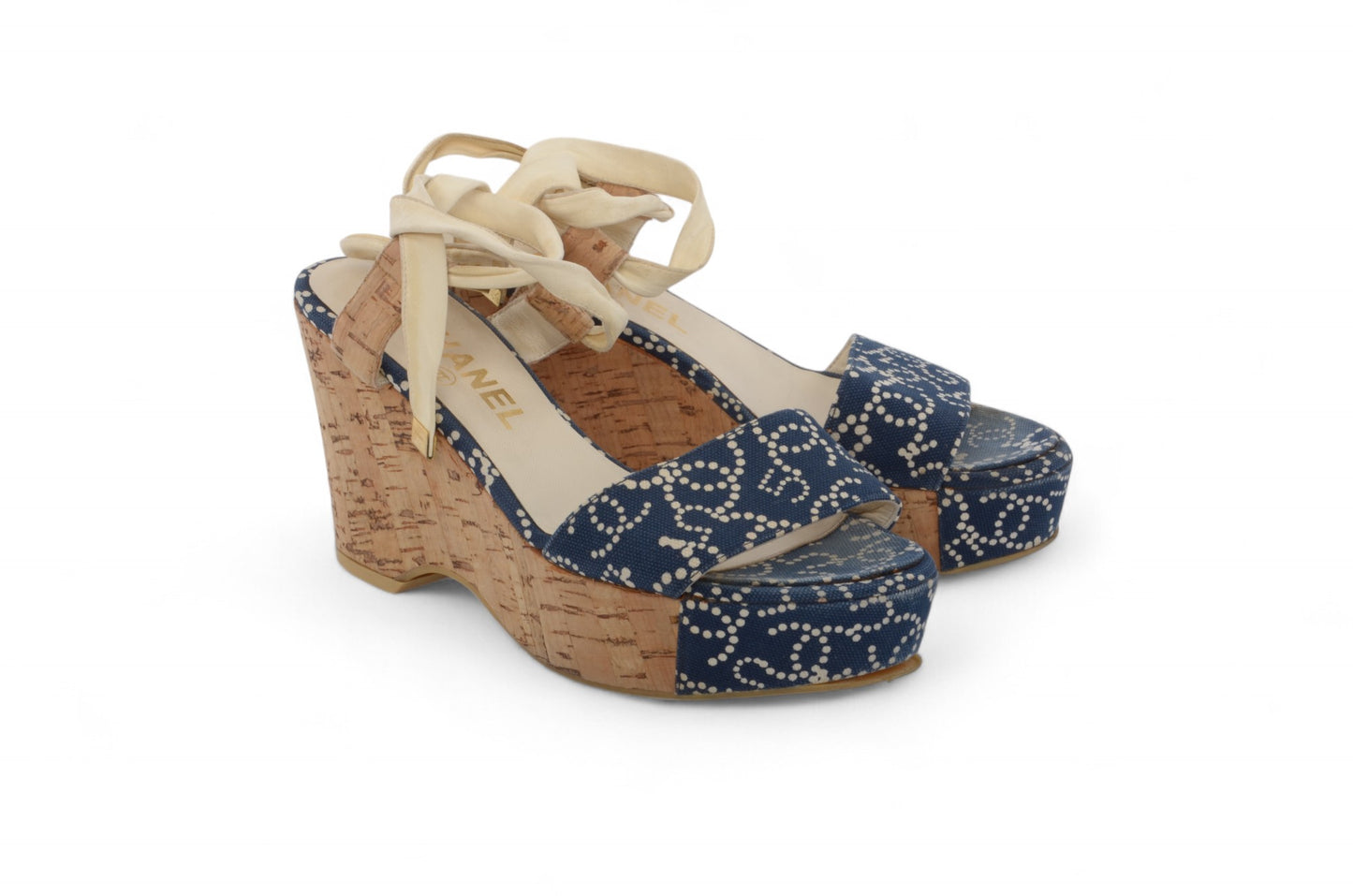 Chanel Rare Heels Sandals Coco Mark Wedge Denim Navy Blue Vintage CC Logo Mules Size 36