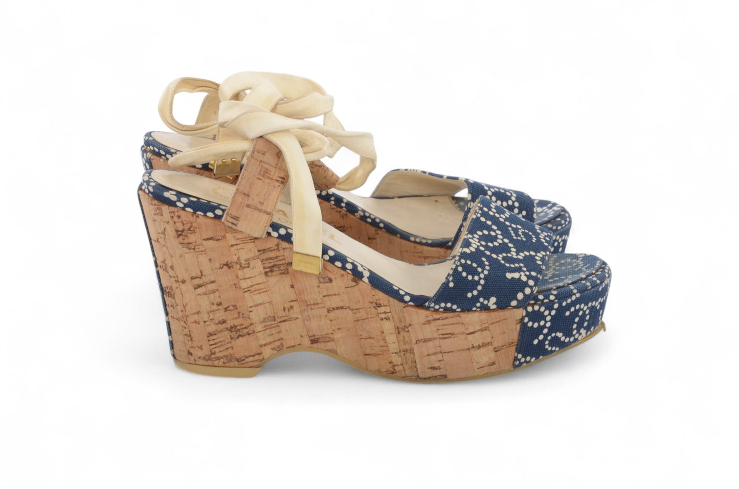 Chanel Rare Heels Sandals Coco Mark Wedge Denim Navy Blue Vintage CC Logo Mules Size 36